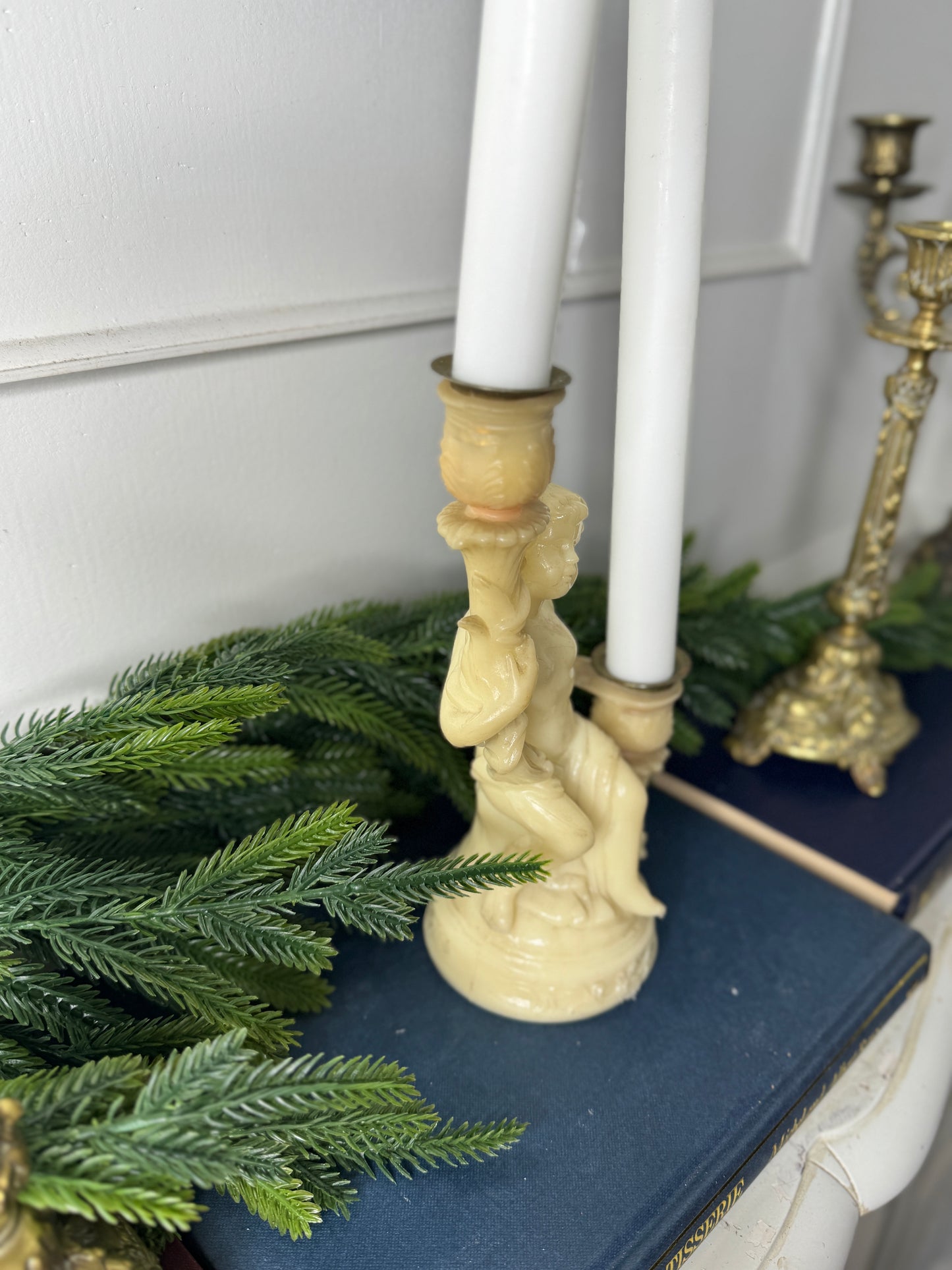 Vintage Resin Cherub Pedestal Candle Holder – Two Arm Taper Holder