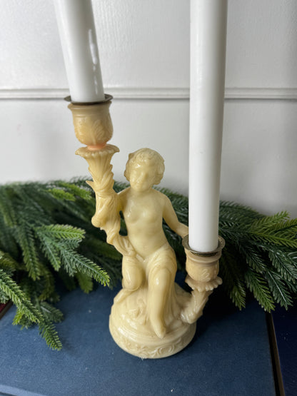 Vintage Resin Cherub Pedestal Candle Holder – Two Arm Taper Holder