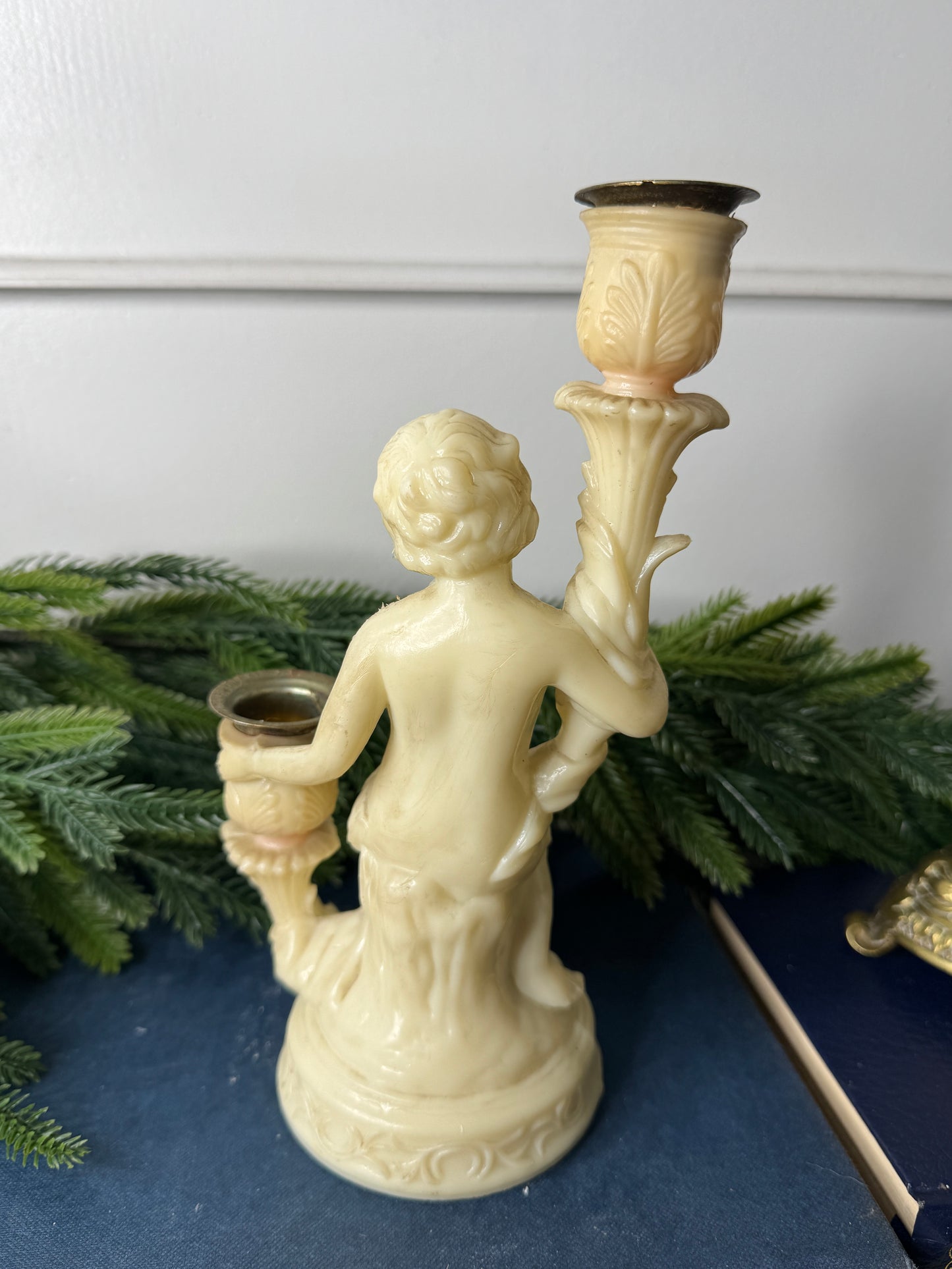 Vintage Resin Cherub Pedestal Candle Holder – Two Arm Taper Holder