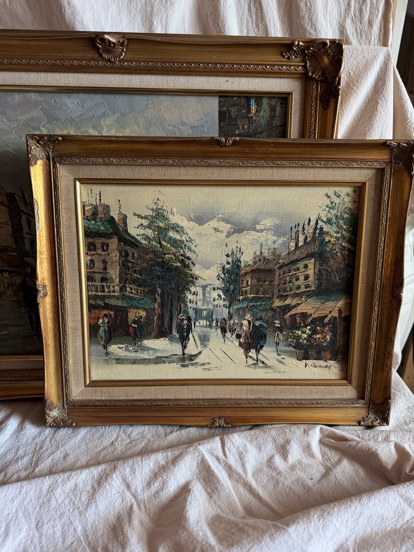 Vintage V.Burnett Midcentury Impressionist Oil Painting, Paris Street Scene