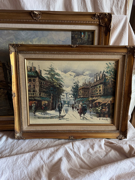Vintage V.Burnett Midcentury Impressionist Oil Painting, Paris Street Scene