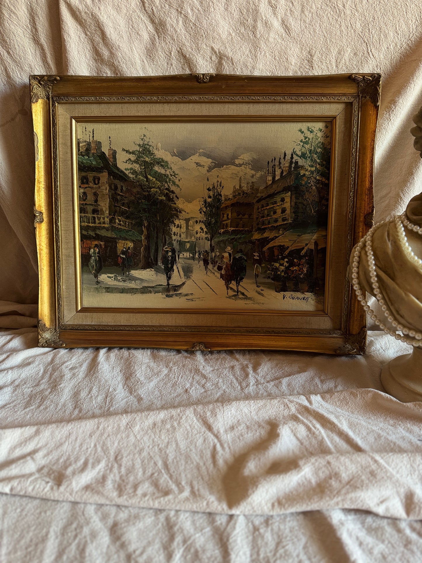 Vintage V.Burnett Midcentury Impressionist Oil Painting, Paris Street Scene