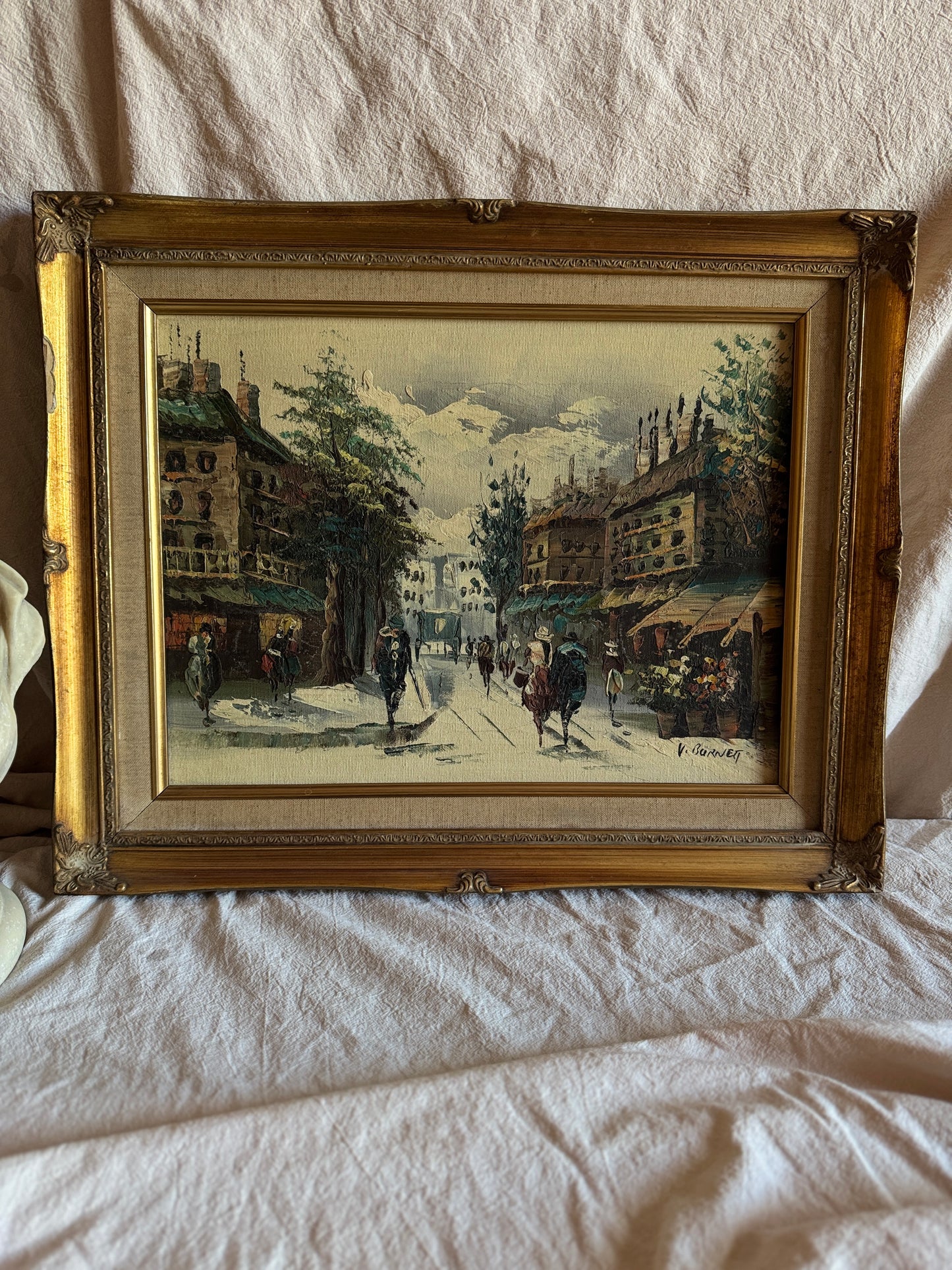 Vintage V.Burnett Midcentury Impressionist Oil Painting, Paris Street Scene