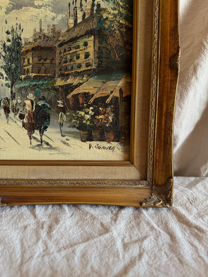 Vintage V.Burnett Midcentury Impressionist Oil Painting, Paris Street Scene