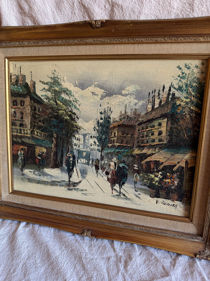 Vintage V.Burnett Midcentury Impressionist Oil Painting, Paris Street Scene