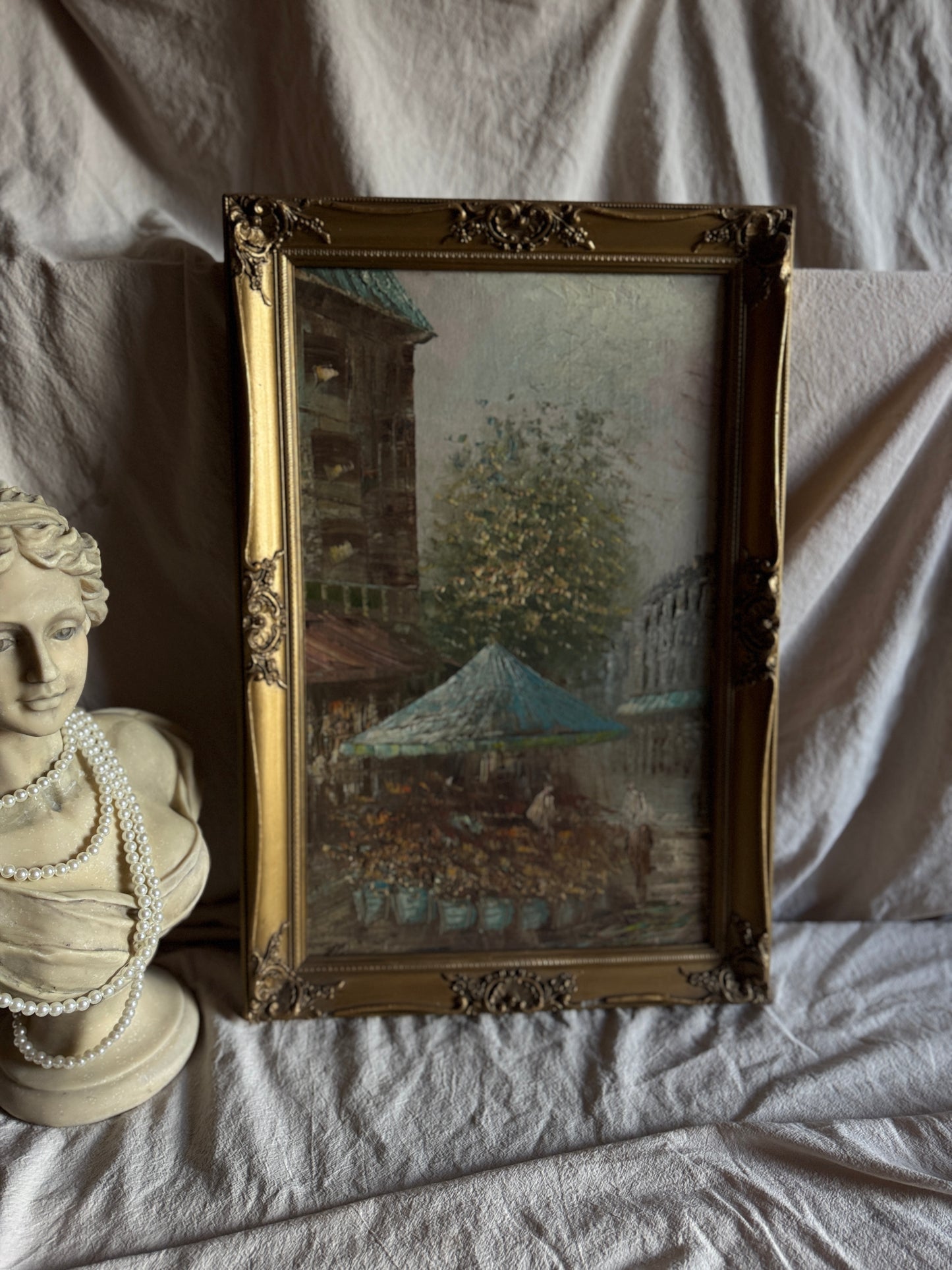 Paris Street Scene Oil Painting, Impressionist, Antique Gilt Frame, 1930s Caroline Burnett Style