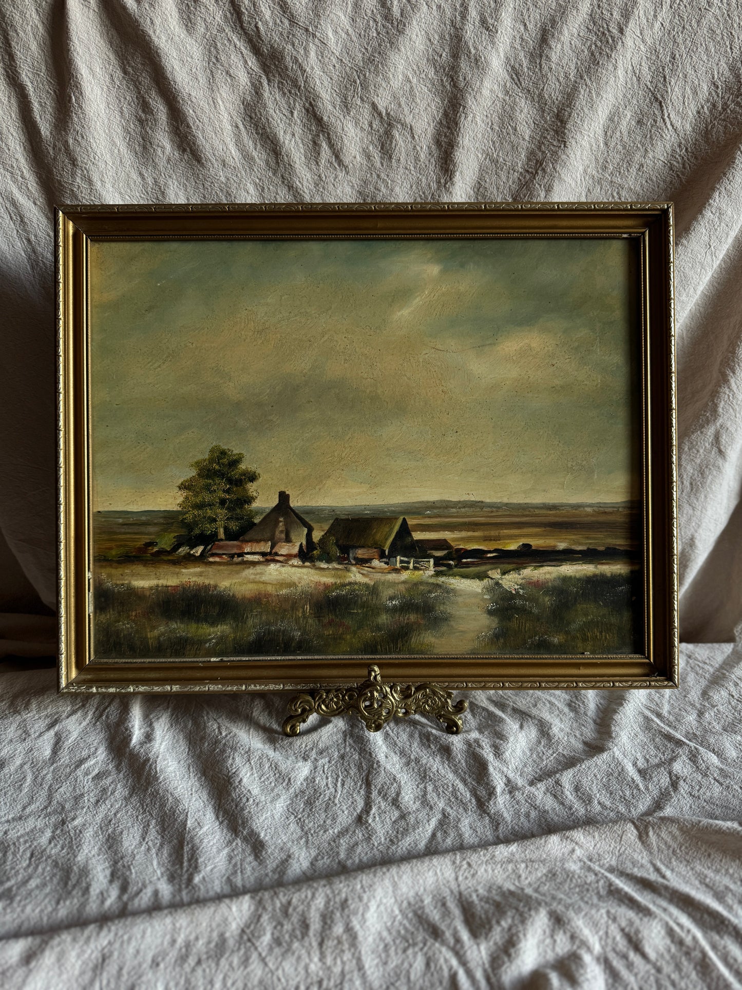 Vintage Impressionist Farmhouse Oil Painting on Board Rustic Field Landscape
