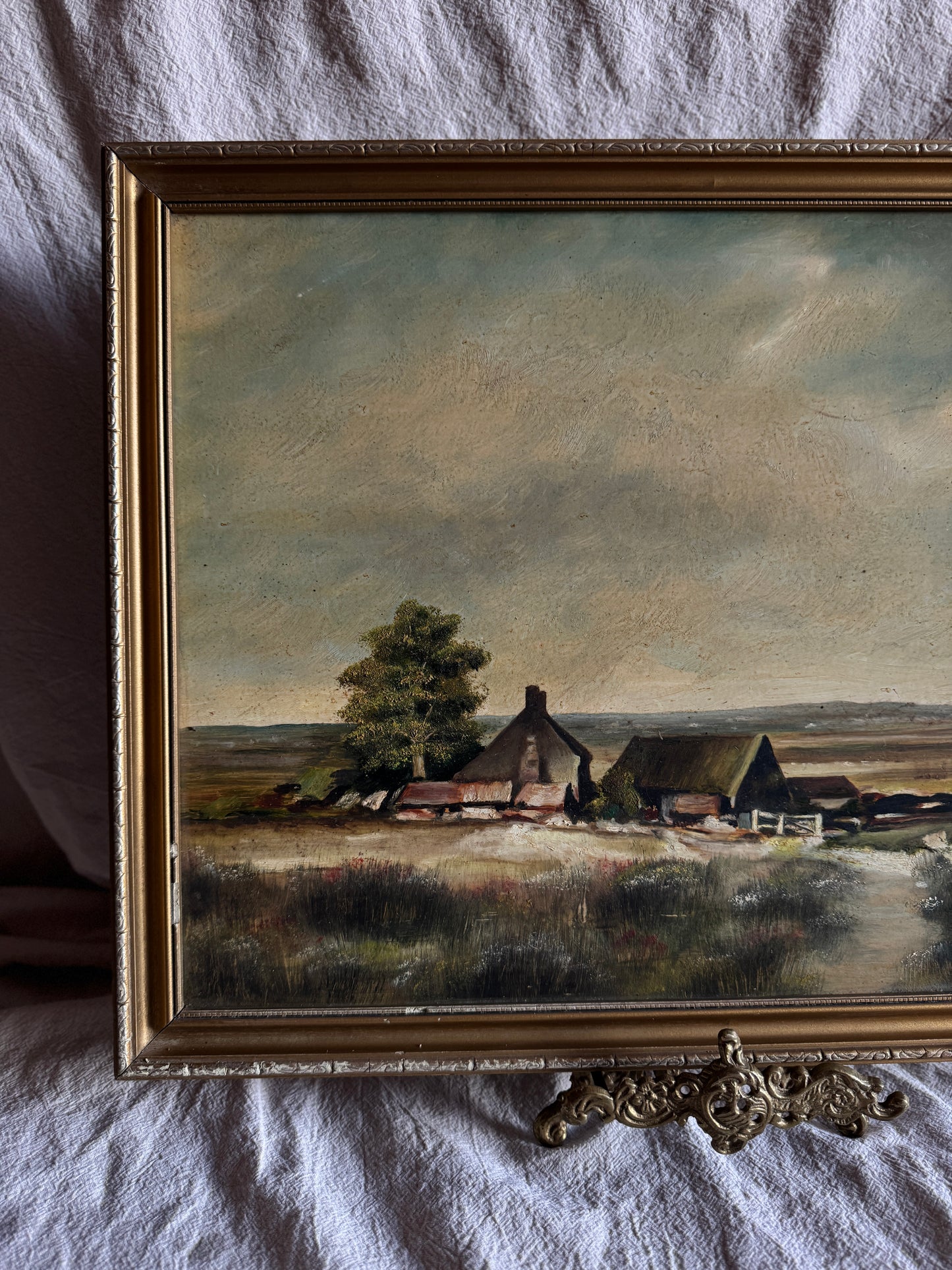 Vintage Impressionist Farmhouse Oil Painting on Board Rustic Field Landscape