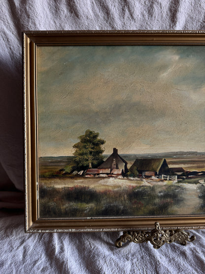 Vintage Impressionist Farmhouse Oil Painting on Board Rustic Field Landscape