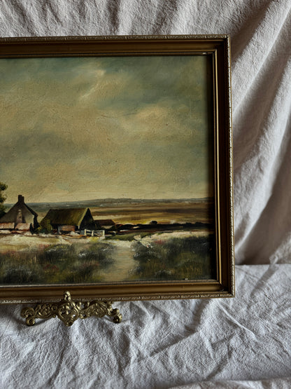 Vintage Impressionist Farmhouse Oil Painting on Board Rustic Field Landscape