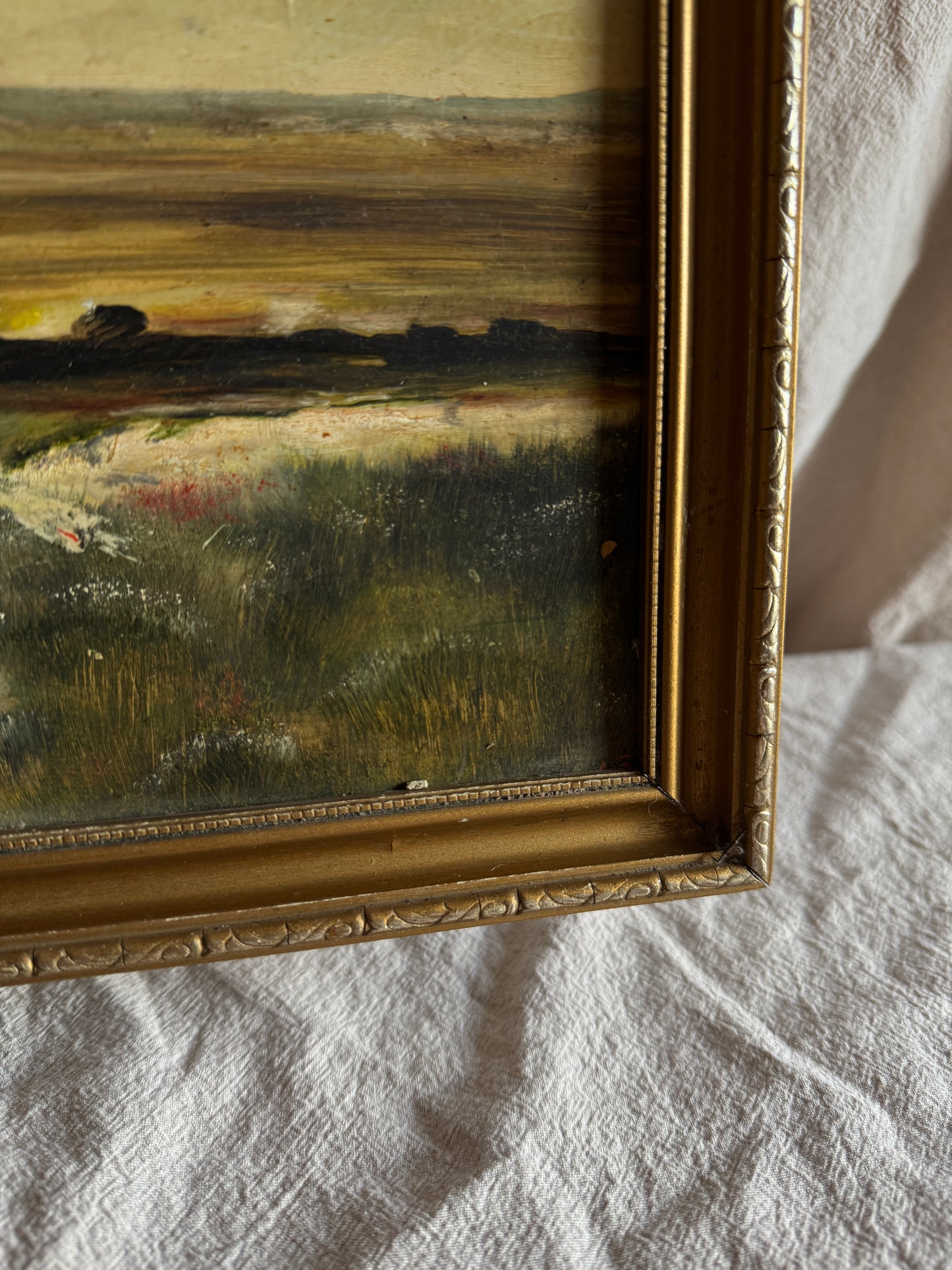 Vintage Impressionist Farmhouse Oil Painting on Board Rustic Field Landscape