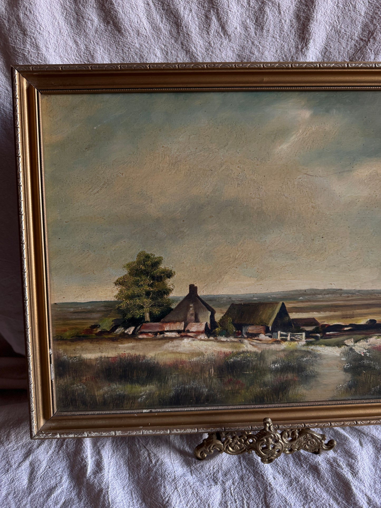 Vintage Impressionist Farmhouse Oil Painting on Board Rustic Field Landscape