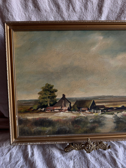 Vintage Impressionist Farmhouse Oil Painting on Board Rustic Field Landscape