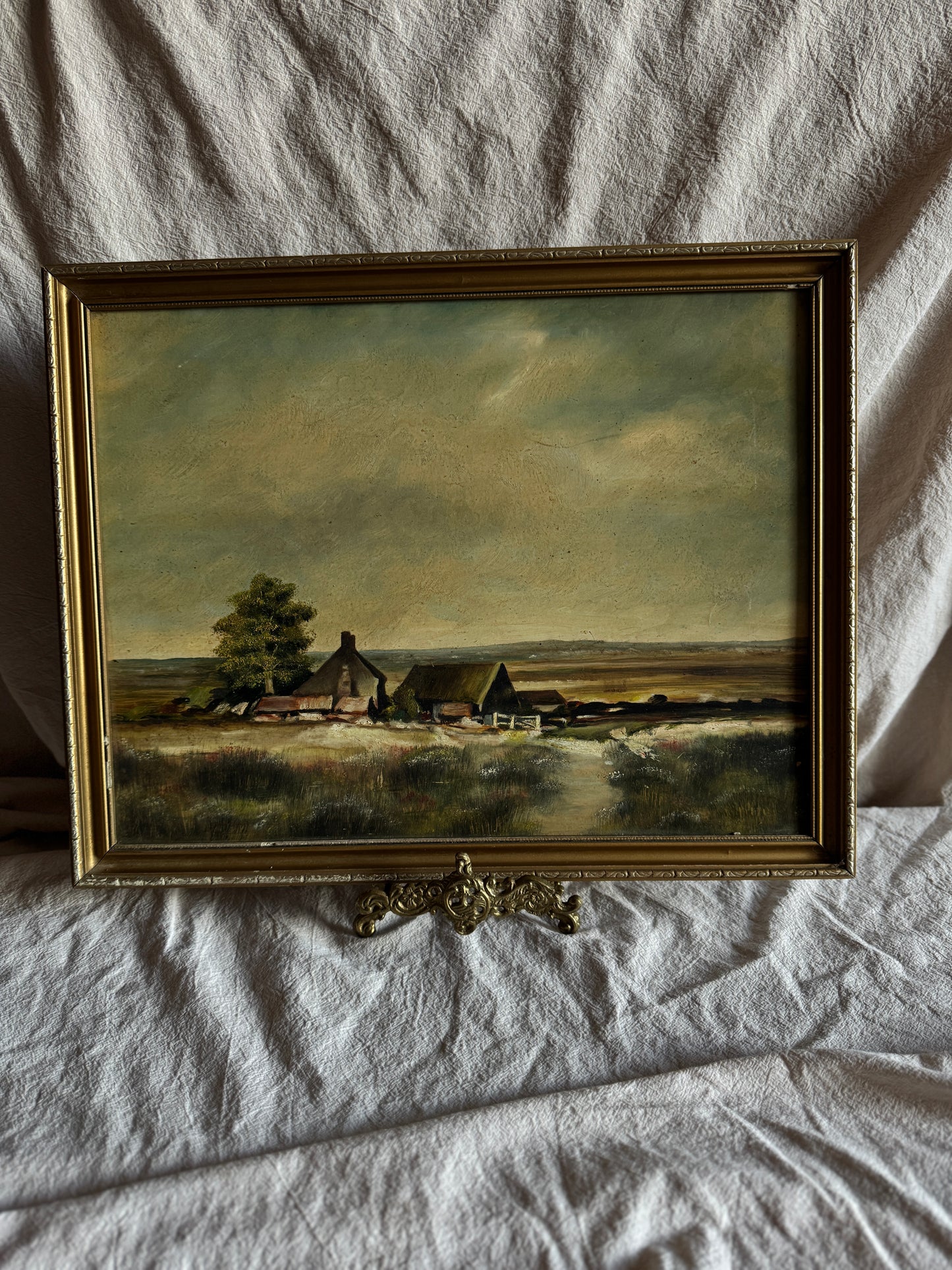 Vintage Impressionist Farmhouse Oil Painting on Board Rustic Field Landscape