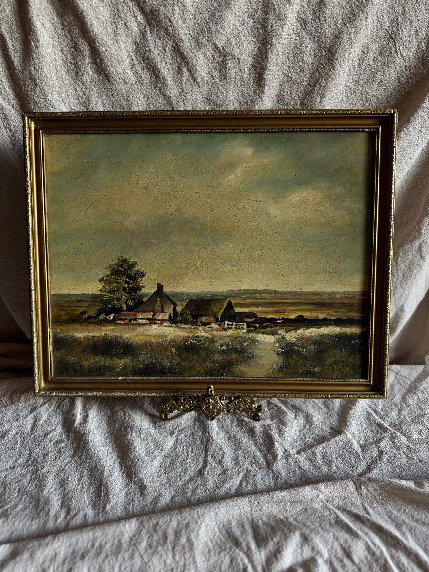 Vintage Impressionist Farmhouse Oil Painting on Board Rustic Field Landscape