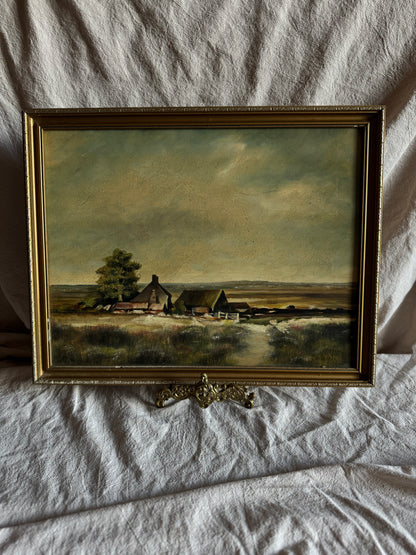 Vintage Impressionist Farmhouse Oil Painting on Board Rustic Field Landscape