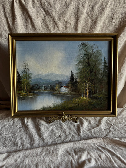 Vintage Oil Painting Lonely House by Lake Signed by L.Able