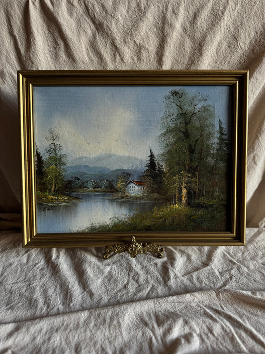 Vintage Oil Painting Lonely House by Lake Signed by L.Able