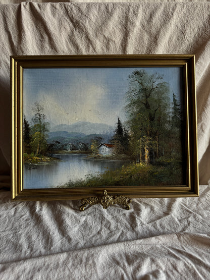Vintage Oil Painting Lonely House by Lake Signed by L.Able