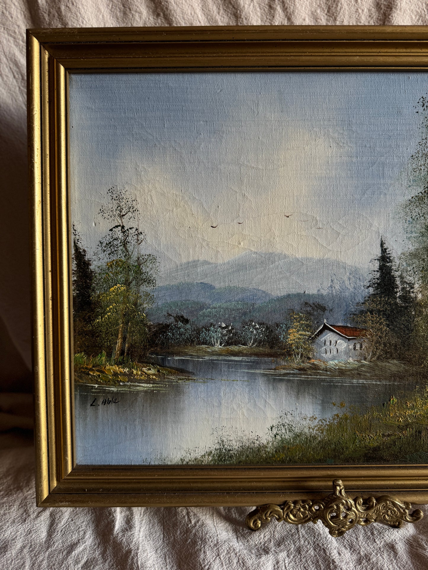 Vintage Oil Painting Lonely House by Lake Signed by L.Able