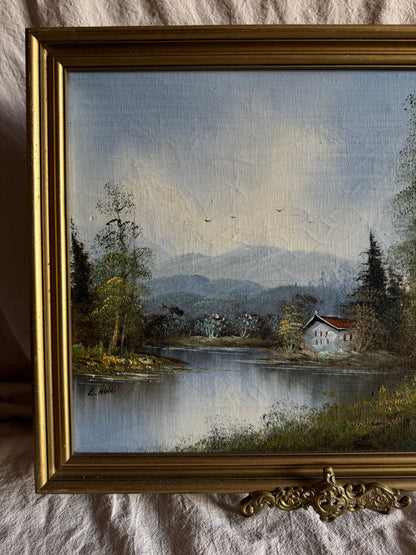 Vintage Oil Painting Lonely House by Lake Signed by L.Able