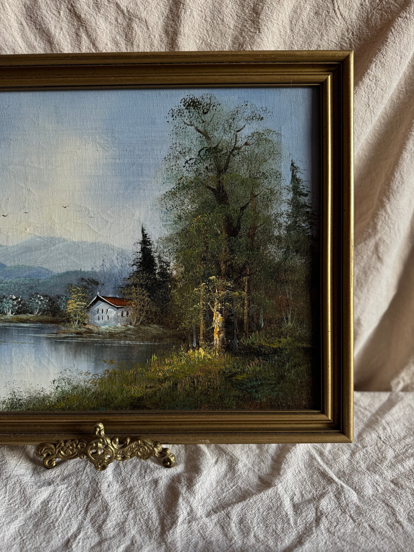Vintage Oil Painting Lonely House by Lake Signed by L.Able