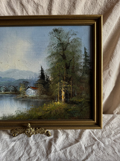 Vintage Oil Painting Lonely House by Lake Signed by L.Able