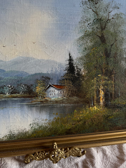 Vintage Oil Painting Lonely House by Lake Signed by L.Able
