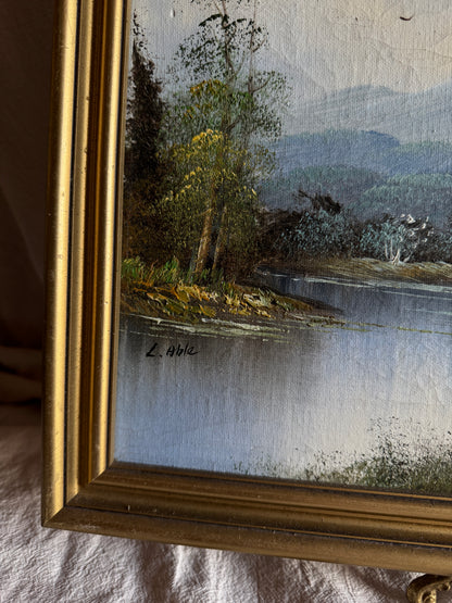 Vintage Oil Painting Lonely House by Lake Signed by L.Able