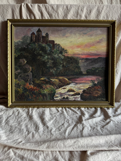 Vintage Castle Oil Painting in Gilt Frame  | Medieval Castle River Scene | Signed F.A. Turner