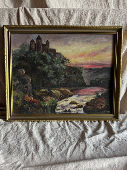 Vintage Castle Oil Painting in Gilt Frame  | Medieval Castle River Scene | Signed F.A. Turner