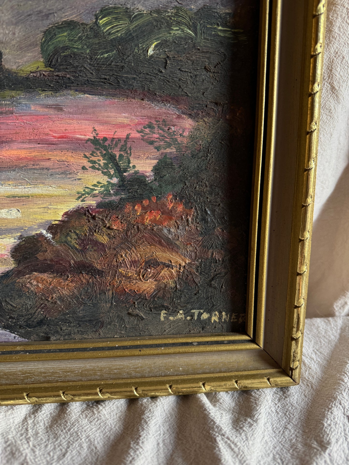 Vintage Castle Oil Painting in Gilt Frame  | Medieval Castle River Scene | Signed F.A. Turner