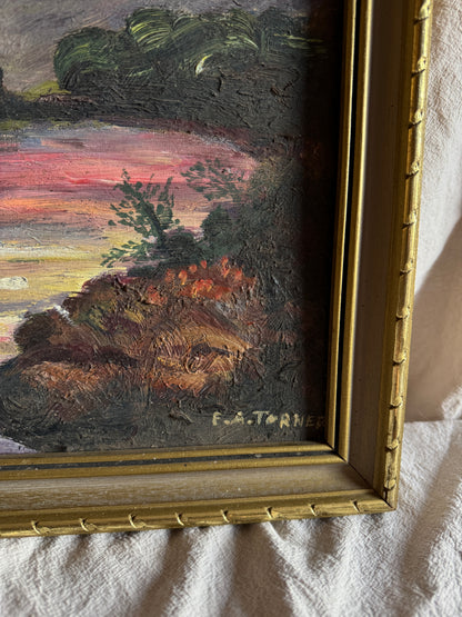 Vintage Castle Oil Painting in Gilt Frame  | Medieval Castle River Scene | Signed F.A. Turner