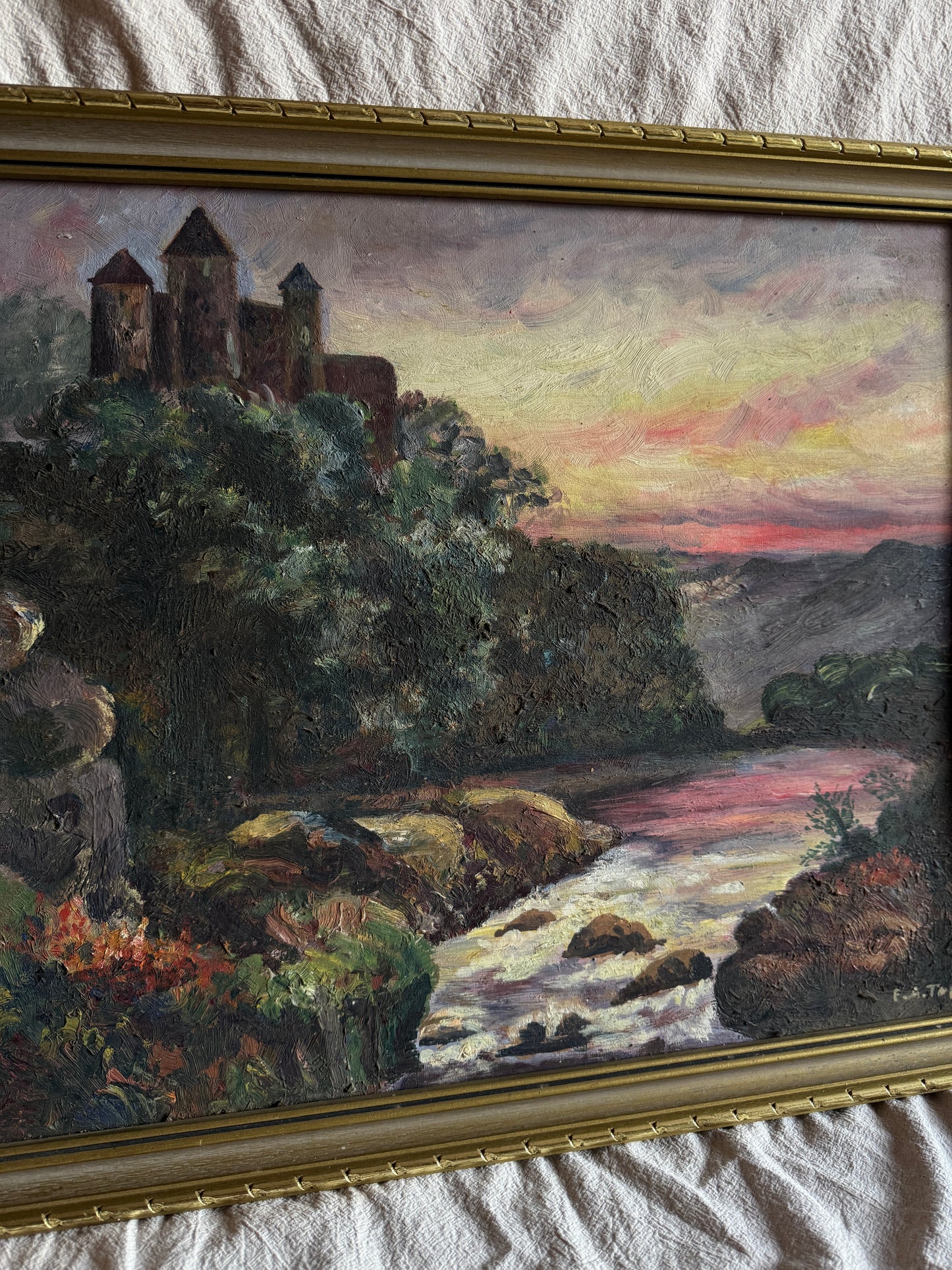 Vintage Castle Oil Painting in Gilt Frame  | Medieval Castle River Scene | Signed F.A. Turner
