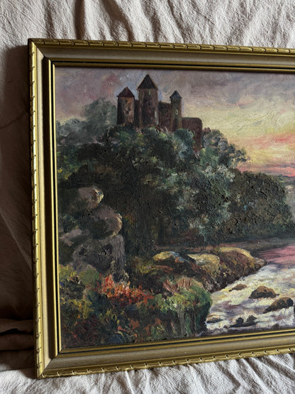 Vintage Castle Oil Painting in Gilt Frame  | Medieval Castle River Scene | Signed F.A. Turner