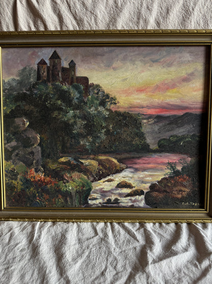 Vintage Castle Oil Painting in Gilt Frame  | Medieval Castle River Scene | Signed F.A. Turner