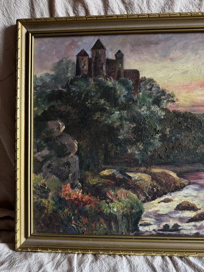 Vintage Castle Oil Painting in Gilt Frame  | Medieval Castle River Scene | Signed F.A. Turner