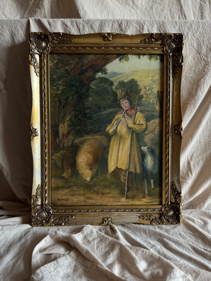 Vintage Oil Painting “Shepherd Boy Playing a Flute” Signed Pat Linnell | c.1937–40