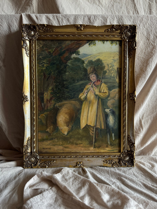 Vintage Oil Painting “Shepherd Boy Playing a Flute” Signed Pat Linnell | c.1937–40