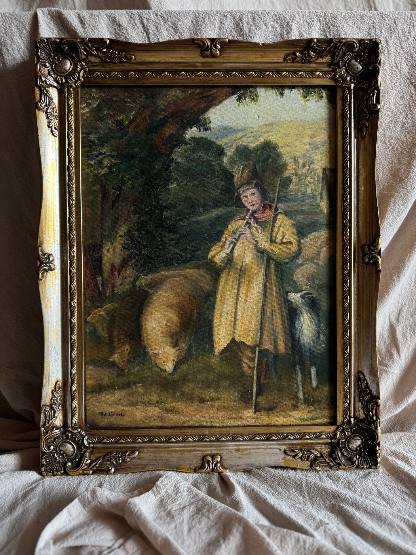 Vintage Oil Painting “Shepherd Boy Playing a Flute” Signed Pat Linnell | c.1937–40