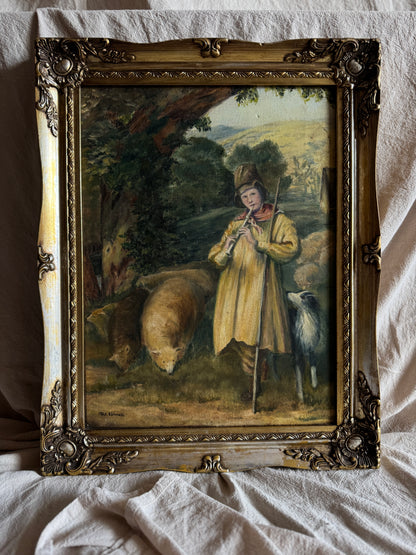 Vintage Oil Painting “Shepherd Boy Playing a Flute” Signed Pat Linnell | c.1937–40