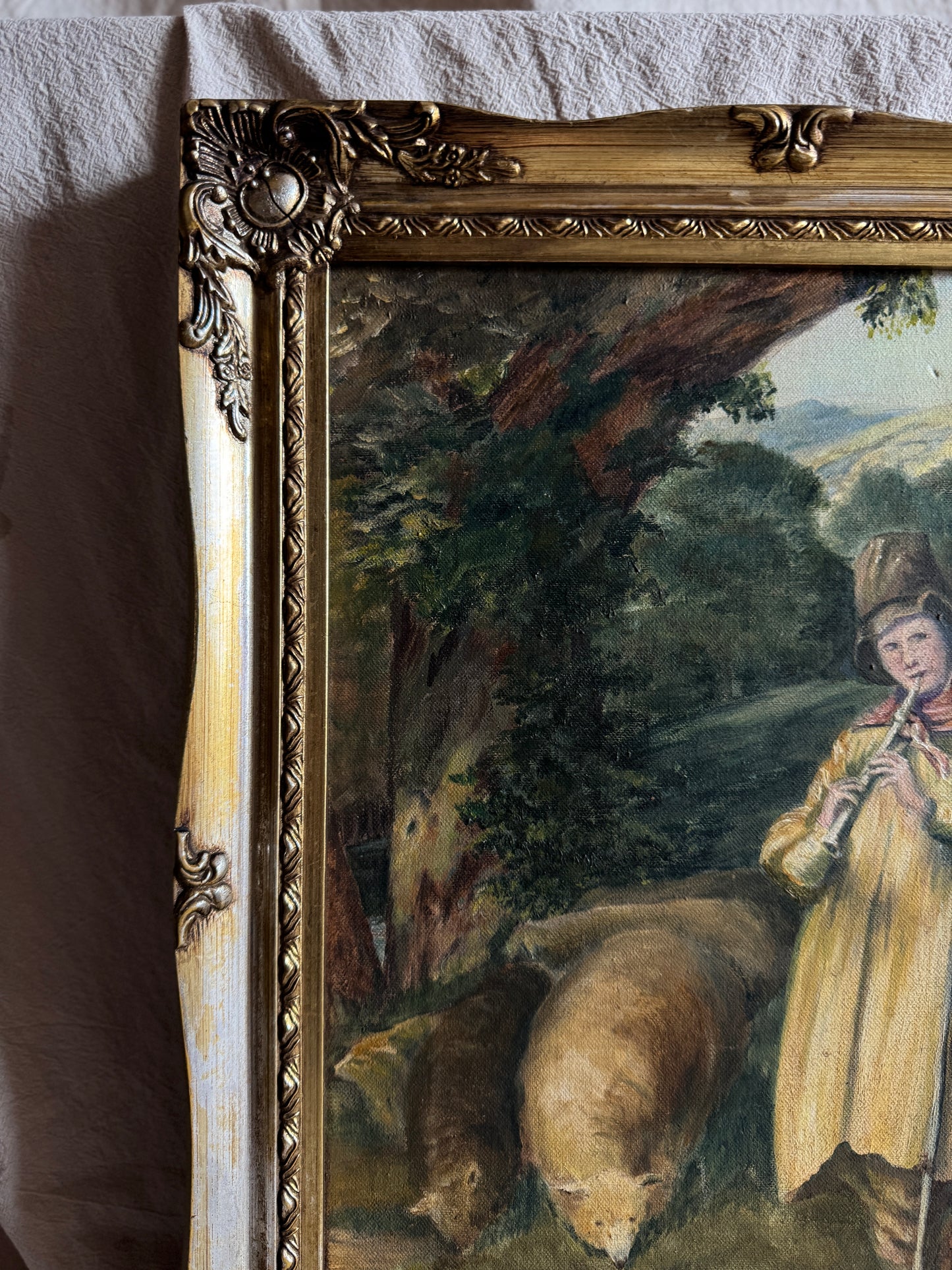 Vintage Oil Painting “Shepherd Boy Playing a Flute” Signed Pat Linnell | c.1937–40