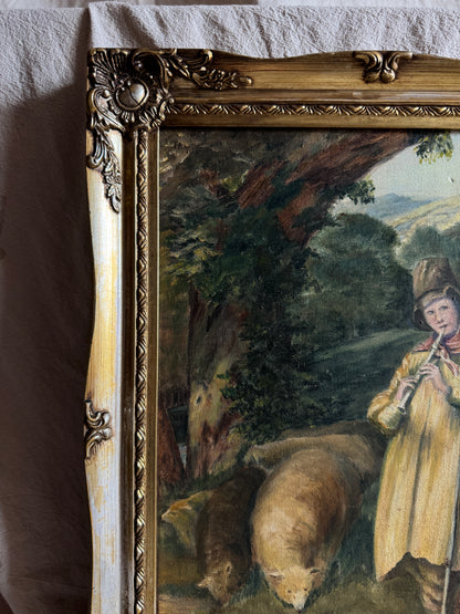 Vintage Oil Painting “Shepherd Boy Playing a Flute” Signed Pat Linnell | c.1937–40