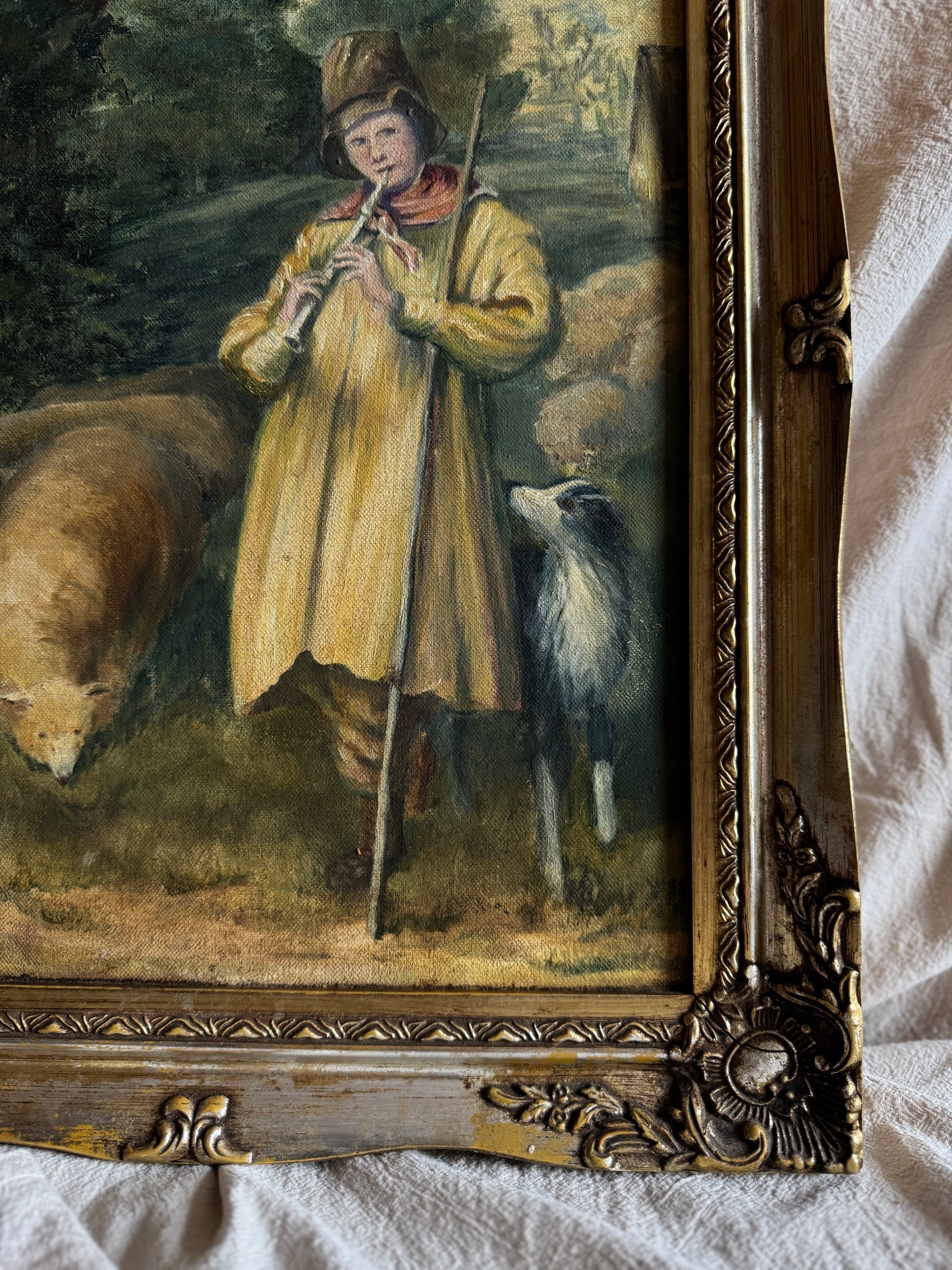Vintage Oil Painting “Shepherd Boy Playing a Flute” Signed Pat Linnell | c.1937–40