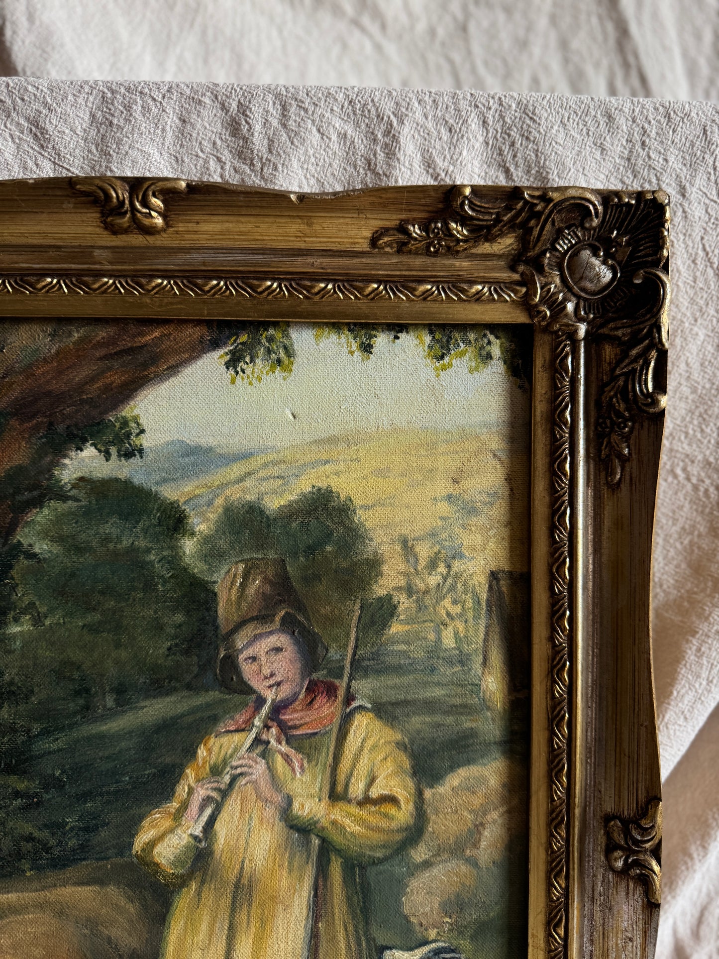 Vintage Oil Painting “Shepherd Boy Playing a Flute” Signed Pat Linnell | c.1937–40