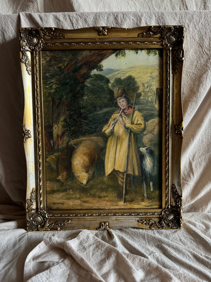 Vintage Oil Painting “Shepherd Boy Playing a Flute” Signed Pat Linnell | c.1937–40