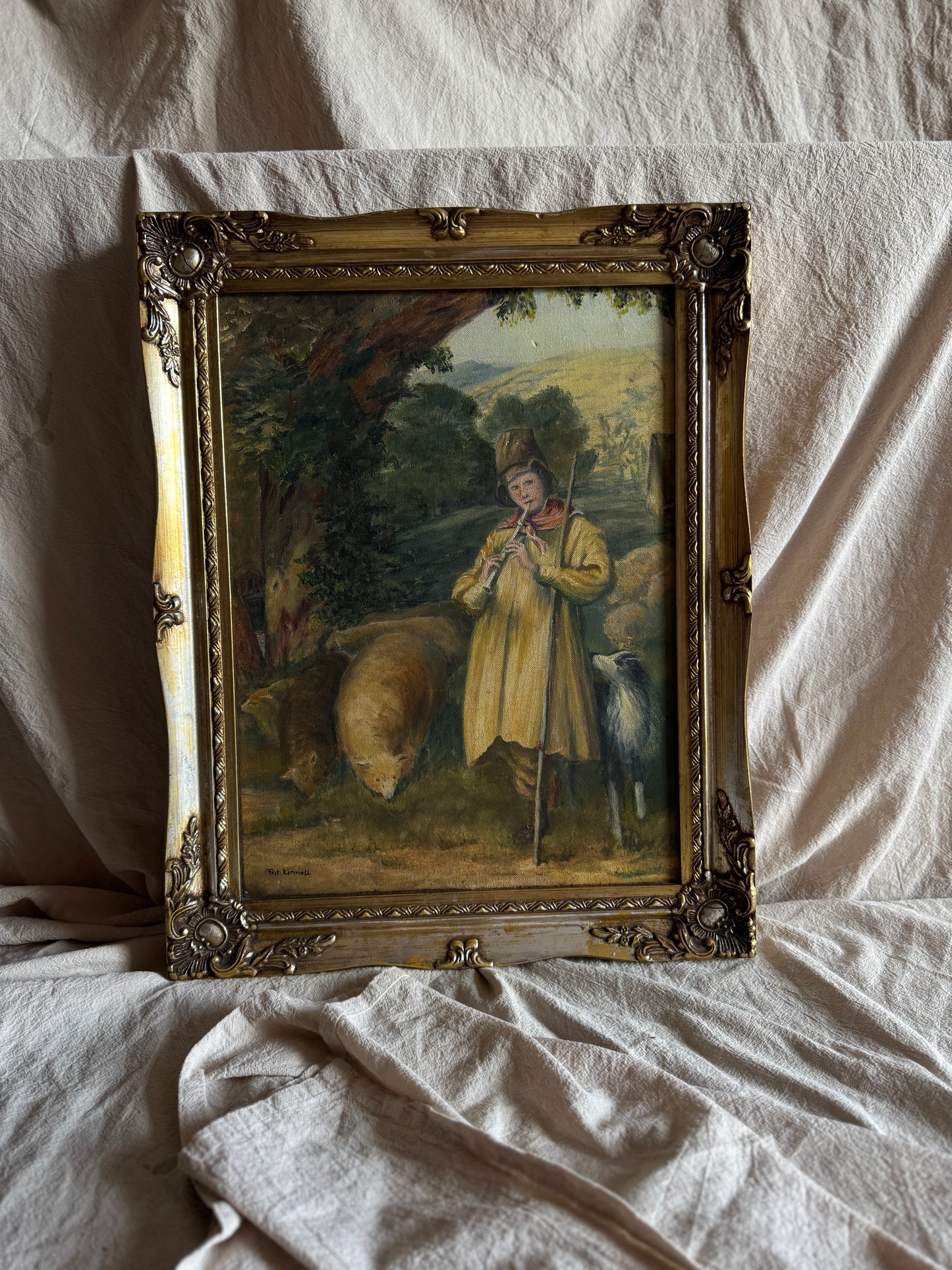 Vintage Oil Painting “Shepherd Boy Playing a Flute” Signed Pat Linnell | c.1937–40