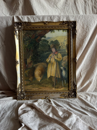 Vintage Oil Painting “Shepherd Boy Playing a Flute” Signed Pat Linnell | c.1937–40