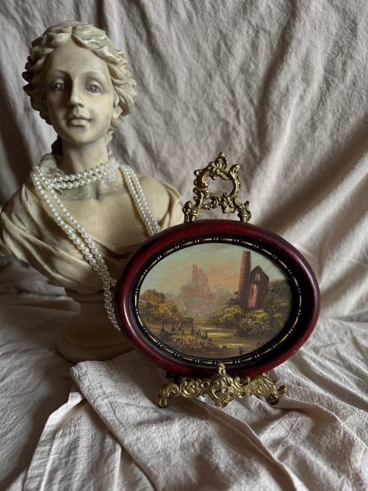 Vintage Oval Landscape Oil Painting in Burgundy Resin Frame