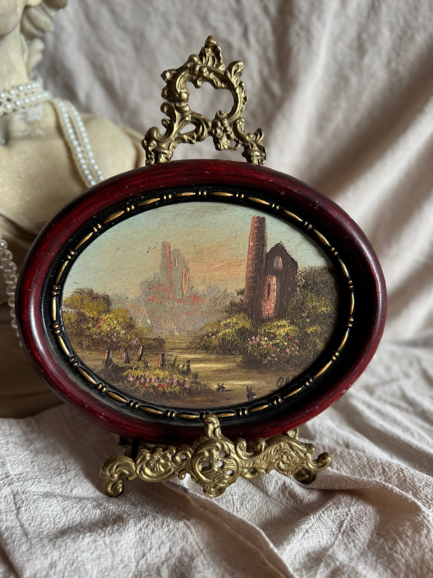 Vintage Oval Landscape Oil Painting in Burgundy Resin Frame